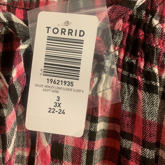 TORRID Sleep Top Womens 3X Pink Plaid Button Down 3/4 Sleeves Smocked Neck NWT - Picture 3 of 6